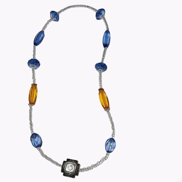 Vintage Beaded Necklace  Ornate Silver Tone Pendant Blue Orange Glass Beads - Picture 2 of 5